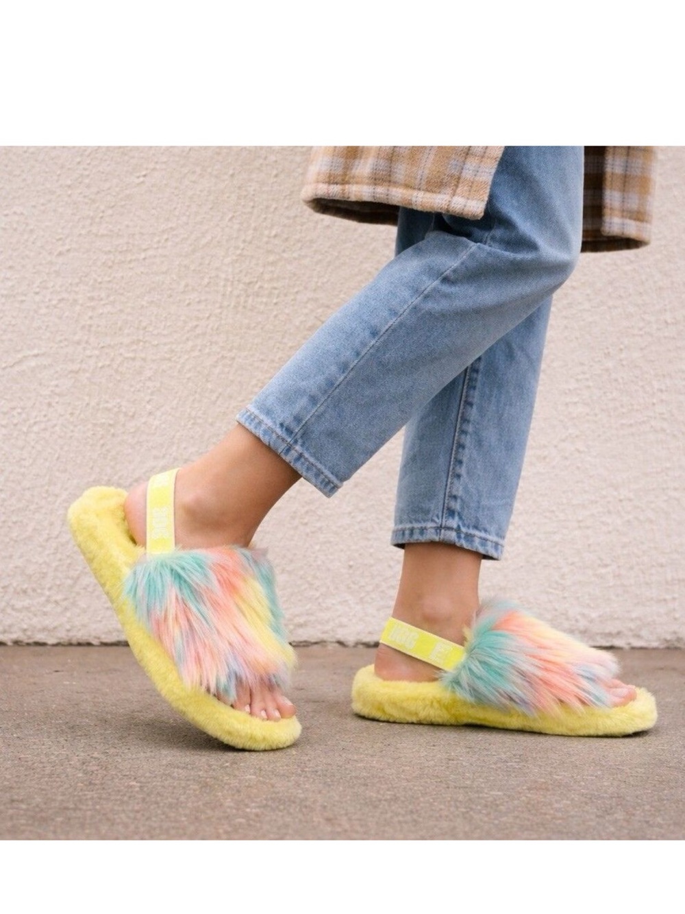 UGG Fluff Yeah Slide in a pastel tie-dye and yellow size 5